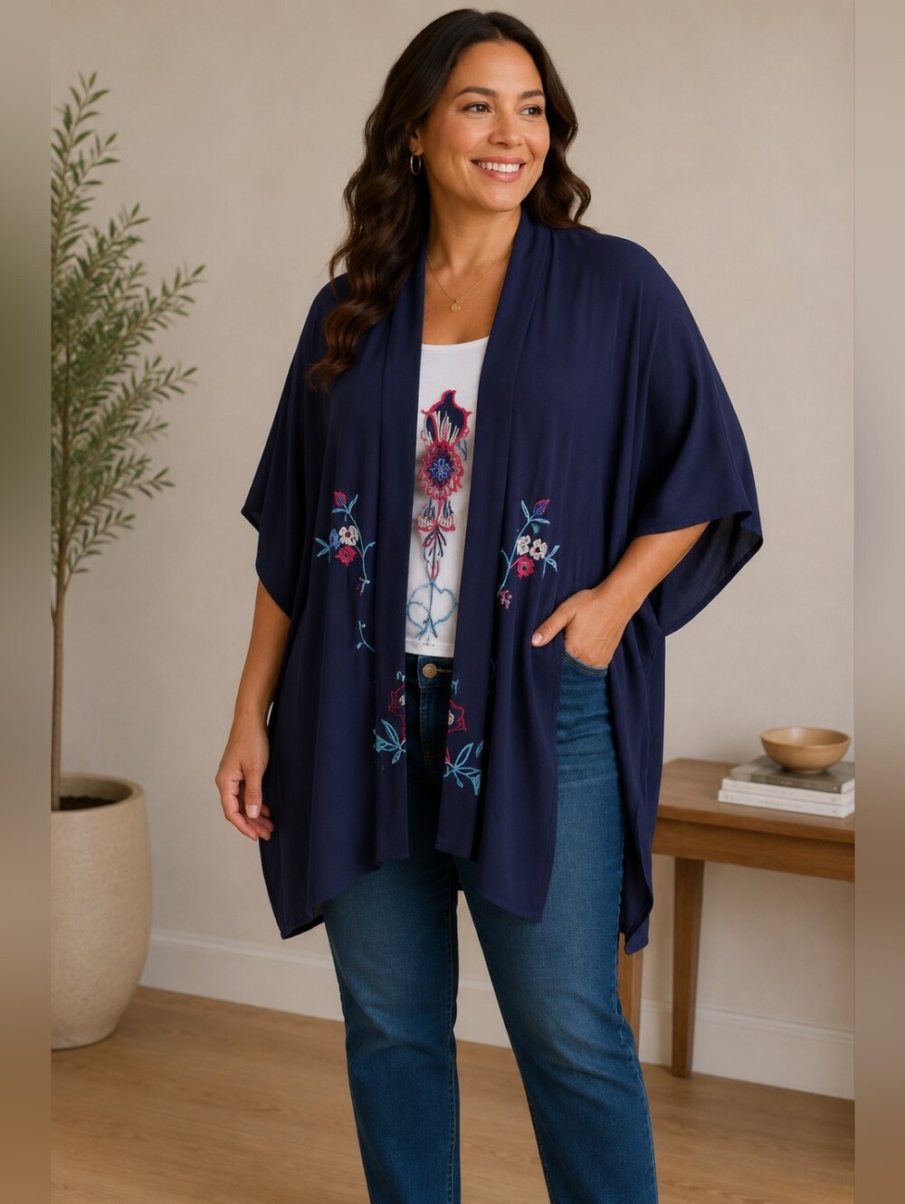 Embroidered Navy Floral Kimono Cardigan - Women One Size